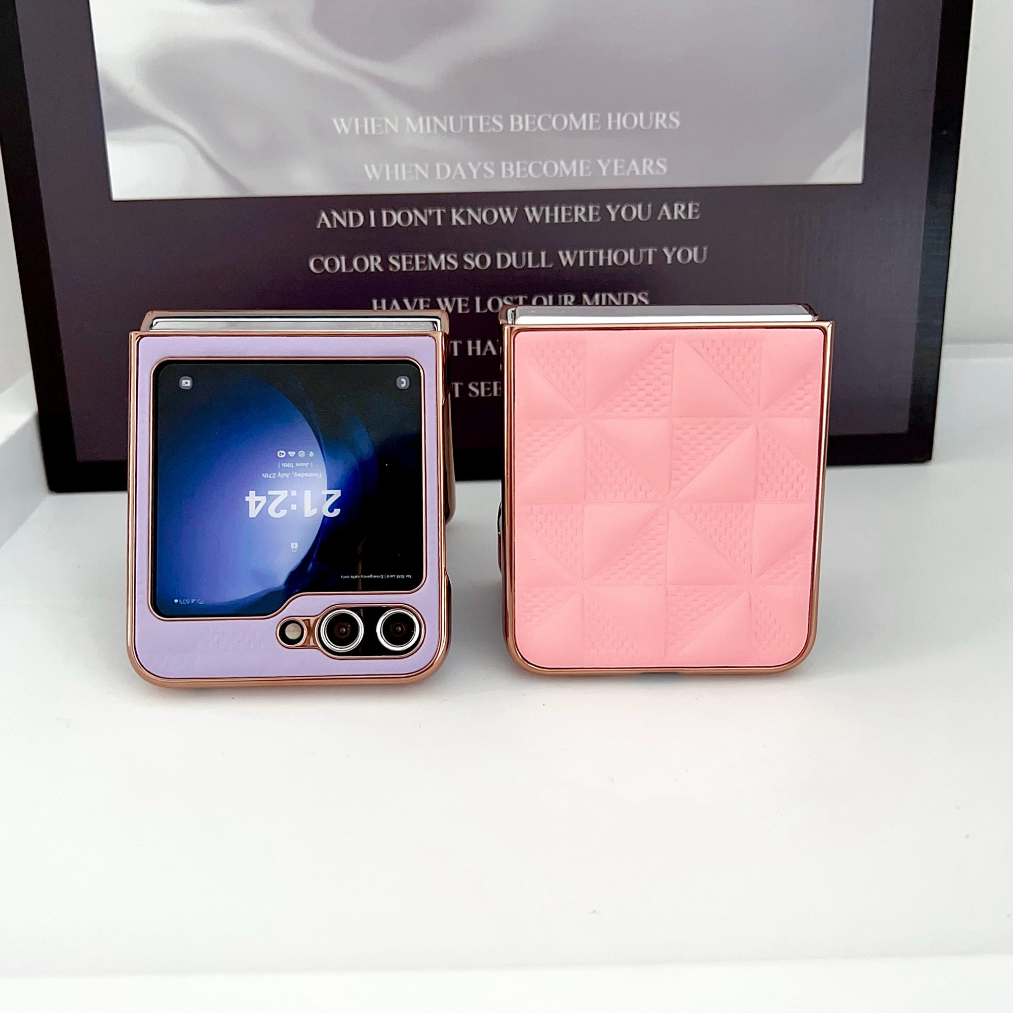 For Samsung Galaxy Z Flip6 5G Case Electroplating Frame Leather + PC Grid Texture Phone Cover - Pink For Samsung Galaxy Z Flip6 5G Case Electroplating Frame Leather + PC Grid Texture Phone Cover - Pink